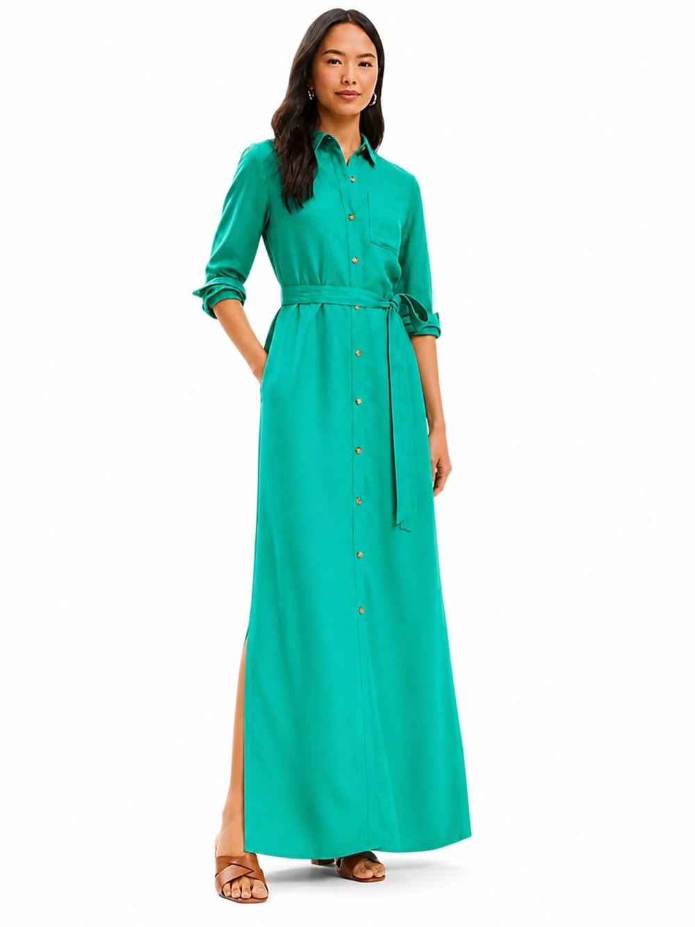 LOFT Green Linen Blend Maxi Shirt Dress Tie Waist Button Front Size 4 NWT